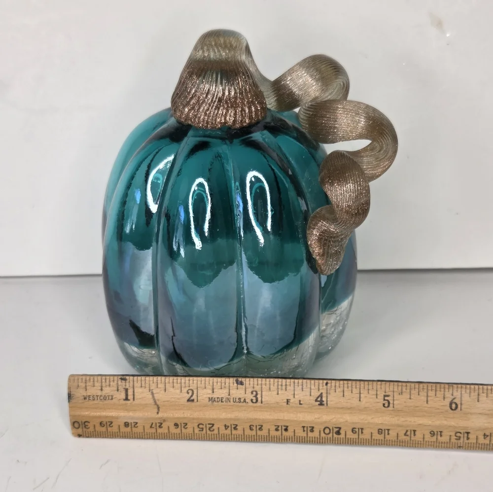 Glitzhome Teal Turquoise Hand Blown Crackle Glass And Glitter Pumpkin Fall Decor